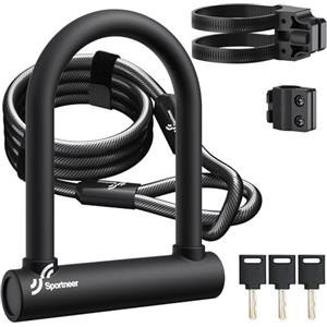 Sportneer Lucchetto per bicicletta, 18 mm, ad alta resistenza, con cavo in acciaio ad alta sicurezza da 180 cm, supporto stabile, chiave antifurto, lucchetti sicuri per bici da corsa, e-bike, 20 x 16
