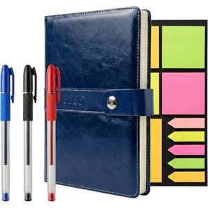 Bruvon Agenda 2026 in pelle sintetica con pagina per giorno, include set di 3 penne, pad per appunti adesivi, multicolore, planning mensile e settimanale, mappamondo e altro (blu, A5)