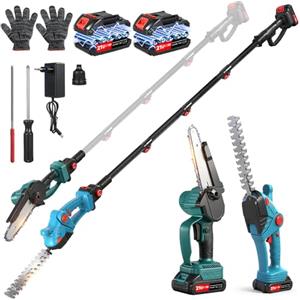 LeadGoods Tagliasiepi telescopico a batteria 4 in 1 e mini motosega da 20 cm, asta telescopica da 2,5 m, tagliasiepi elettrico, 21 V, con 2 x 2,0 Ah, regolabile a 135°, per bordi del prato, siepi, taglio del