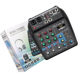 ModLuvano Console audio DJ a 4 canali con lettore MP3 USB, alimentazione 48 V, ingressi XLR TRS per trasmissione in diretta per podcast, studio di registrazione, console audio (blu)