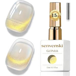 Senvenski Gelatina Vetro Cat Eye Smalto Semipermanente, 15ML Occhi di Gatto Magnetica per Gel Unghie Kit Olografico Glitterato Cristallo Smalti Unghie Salon Home DIY (Oro, 0.5fl oz)