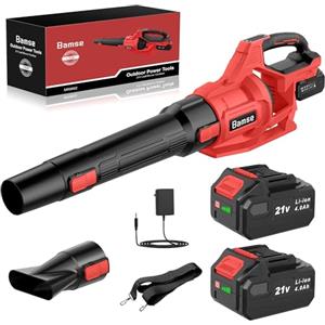 Bamse Soffiatore a Batteria 21V, Soffiatore Foglie Elettrico con 2 Batteria | 3 Velocità Regolabili, 2 Ugelli, Tracolla per Foglie, Neve, Polvere e Detriti, Rosso