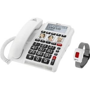 Geemarc CL610 - Telefono di Emergenza a Filo e Braccialetto SOS Impermeabile con Volume Amplificato e Pulsanti Fotografici Personalizzabili - Ideale per gli Anziani che Vivono da Soli e per i non Udenti