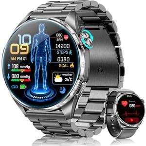 FOSMET Smartwatch Uomo con ECG/HRV/BMI/MET, 1.45" AMOLED Orologio Fitness con Micro-Check-Up/Temperatura/Frequenza Cardiaca/Pressione Sanguigna/SpO2/Sonno/123+ Sportive/5ATM/SOS/Chiamata, Android iOS, Nero