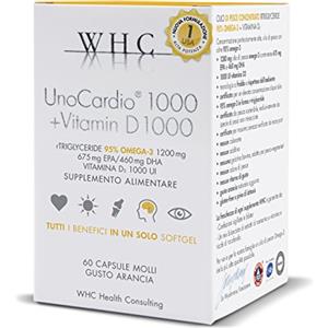 WHC Unocardio 1000 Omega 3 Concentrato al 95% + Vitamina D 1000 IU, 60 Capsule da 1200 mg estratto a Freddo, 5 Stelle IFOS