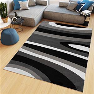 TAPISO Maya Tappeto Soggiorno Pelo Corto Design Moderno Motivo Astratto Ondato Onde tonalità Nero Grigio Camera da Letto Cameretta Ufficio Salotto Oeko-Tex 80 x 150 cm