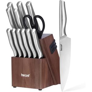 hecef Set coltelli da cucina inox con ceppo e affilatore integrato | Dalla preparazione alla tavola: ceppo in acacia con affilatore laterale e 6 coltelli da bistecca per i pasti in compagnia