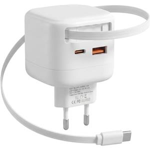 Carehabi Caricatore USB C Rapido con Cavo Retrattile 35W Caricabatterie USB C | Caricatore Rapido 2 Porte USB-C e 1 Porta USB-A per iphone 17/16/15/Plus/Pro/Pro Max/iPad Pro/Air/Mini /Samsung (Bianco)