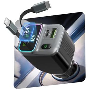 CUBTEM Retrattile Caricabatterie Auto 4 in 1,65W Caricatore Auto PD 3.0 Accendisigari USB Ricarica Veloce, Adattatore Caricabatterie da Auto Spina 12/24V,Compatibile con iPhone 17/16,con Galaxy