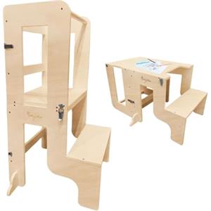 Family Nation, Torre Montessoriana 2 in 1, Convertibile in Tavolo e Sedia, per Bambini da 1 Anno di Età, Struttura in Legno con Supporto Extra, Natural, 42x45x86 cm