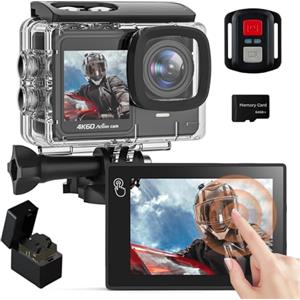 Yolansin 4K 60FPS Action Cam con 64GB SD Card, Touchscreen Pre-Recording 24MP Videocamera Fotocamera Subacquea 131FT Telecamera Moto 170° Telecamere Sportive con 2 * 1350mAh Batterie Kit Accessori Casco