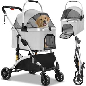 MAMIZO Passeggino per cani 3 in 1, fino a 20kg,passeggino portatile animali | portabicchieri, ammortizzatori, Guinzagli, con finestre a rete,4 ruote 360°,per Gatti e cani di piccola taglia,Grigio Argento