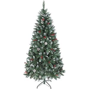 HOMCOM Albero di Natale Alto Innevato 180 cm con 620 Rami Artificiale Verde | Albero di Natale Artificiale da Interno, Pigne e Bacche Rosse Decorative, Base in Metallo Pieghevole, Facile da Montare