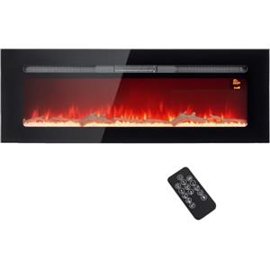 HOMCOM Camino Elettrico da Incasso a Convezione 1800W 127x15.8x45 cm Nero | Telecomando, Fiamma e Illuminazione Regolabile, Caminetto Elettrico da Parete, Timer e Termostato, Acciaio e Vetro Temperato