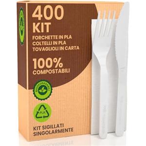 Baciato Caffè Set Ecologico Posate in Bioplastica Super Resistente - 400 pezzi - Biodegradabili e Compostabili - Forchetta, Coltello e Tovagliolo - Ideali per Feste ed Eventi