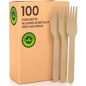 Baciato Caffè 100 Forchette Usa e Getta Posate in Legno Biodegradabili Compostabili | Ecologiche in Legno di Betulla Monouso 100% Naturali