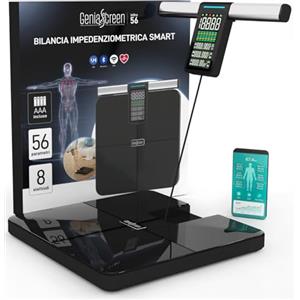 GeniaScreen Bilancia Impedenziometrica Professionale Smart Wi-Fi Pesapersone Digitale | GeniaScreen InOne con 56 Misurazioni in Vetro Temperato 32x35cm Portata 220Kg Display LCD - Massa Muscolare Grasso Bluetooth