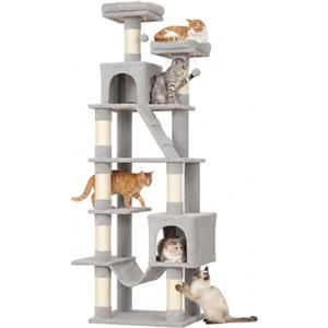 PawHut Tiragraffi per Gatti Grande Alto 204cm Adulti XXL Grigio Chiaro | Albero per Gatti Multilivello, 8 Pali Graffiatoi in Sisal, 2 Grotte, Amaca, 2 Cucce, 2 Pompon, Piattaforme, Scala, in Peluche