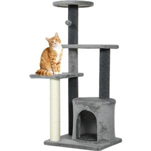 PawHut Albero per Gatti Multilivello Alto 103 cm, Tiragraffi, Grigio | Pali in Sisal, Casetta, Piattaforme, Pallina in Peluche, per Gatti Adulti e Gattini