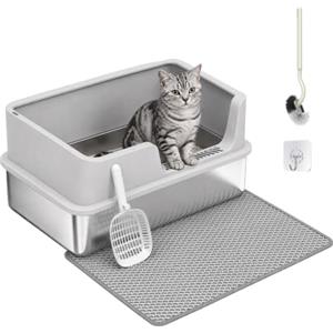 PawHut Lettiera per Gatti Semi Chiusa XL con Tappetino, 30 L, Grigio Chiaro | Toilette per Gatti Fino a 8 kg, Vassoio in Acciaio Inox, Paletta, Spazzola, Gancio Adesivo, Bordi Alti