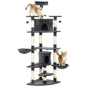 PawHut Albero Tiragraffi per Gatti Alto 200cm 60x60x200cm Grigio Scuro | Pali in Sisal, Casette e Amache, Legno Truciolare e Peluche