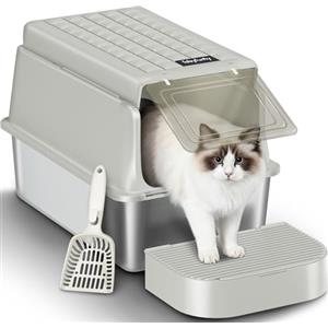 Fobyfurny Lettiera Acciaio Inox Chiusa con Coperchio XXL, Grigio Crema | Lettiera Gatto Acciaio Inox, Paletta e Pedana, Coperchio Incernierato a 120°, Facile da Pulire, 60 x 40 x 38,5 cm FPLB001SG1