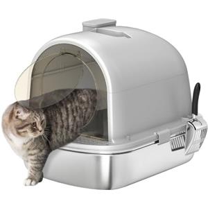 PawHut Lettiera Gatto Chiusa L in Acciaio Inox con Maniglia, Grigio | Toilette per Gatti, Paletta, Pacchetto Deodorante, Antiodore, Facile da Pulire, 52.4x41.3x39.9 cm