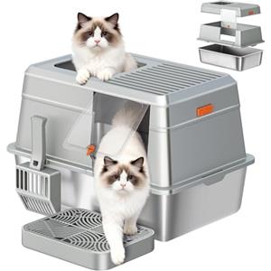 Fobyfurny Lettiera Acciaio Inox Chiusa XXL, 60x40x38 cm, Grigio Chiaro | Lettiera Acciaio Inox Gatto con Coperchio, con Pedana e Paletta, Facile da Pulire, Doppio Ingresso, Rimovibile FPLB204SG1