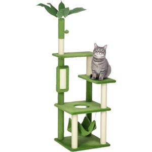PawHut Tiragraffi per Gatti da 142 cm, Albero per Gatti con Amaca, Verde | Pallina, Tiragraffi in Sisal, Sistema Antiribaltamento