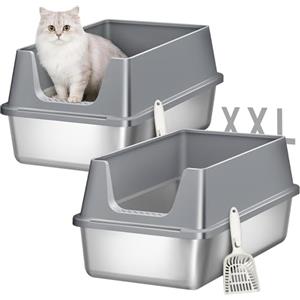 Fobyfurny Lettiera in Acciaio per Gatti da 2, 60,5x40x29cm, Grigio Scuro | XXL Metallo Lettiera Acciaio, Grande Capacità Lettiere per Gatti, Paletta, Bordi Alti, Facile da Pulire FPLB004SG2