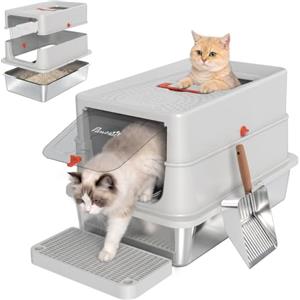 PawHut 3 in 1 Lettiera Gatto Chiusa XL 90L in Acciaio Inox con Coperchio | Toilette per Gatti Grande con Paletta, Gradino, Doppi Ingressi, Pareti Alte, Antiodore, Facile da Pulire, Grigio Chiaro