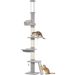 PawHut Tiragraffi per Gatti a Soffitto in Peluche, Grigio Chiaro | Albero per Gatti Multilivello, Altezza Regolabile 230-260 cm, 3 Pali Graffiatoi in Sisal, Cuccia, Amaca, Piattaforme