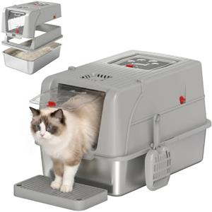 PawHut Lettiera Gatto Chiusa XL in Acciaio Inox con Coperchio Grigio Chiaro | Toilette per Gatti 90L, Gradino Raccogli-lettiera, Paletta, Pareti Alte, Antiperdita, Antiodore, Facile da Pulire