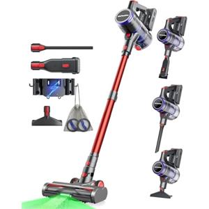 VACTechPro 55000Pa/70Min Aspirapolvere Senza Fili, 600W Scopa Elettrica Senza Fili | 1.6L Aspirapolvere Senza Fili Potente, GreenSight™ Scopa Elettrica Senza Fili con Sistema di Filtraggio a 8 Strati, Rosso