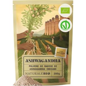 NaturaleBio Ashwagandha Bio Radice in Polvere Adattogena | 200 g. Radice di ashwagandha bio in polvere (Withania somnifera) per bevande, smoothie e routine quotidiane.