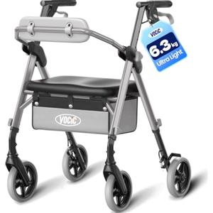 VOCIC Deambulatore pieghevole e leggero con seduta, 6,3 kg ultraleggero | Deambulatore per anziani, max 150 kg, sedile ergonomico, altezza regolabile, walker stretto per casa & viaggi, argento