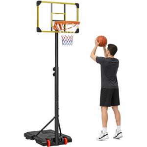 SPORTNOW Canestro da Basket Regolabile per Adulti Esterno 2.1-2.4 m Giallo | Canestro da Esterno, con Ruote, Base Riempibile