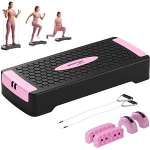 SPORTNOW Stepper Fitness Regolabile su 2 Livelli 11/16 cm Rosa e Nero | Step Fitness con 2 Bande di Resistenza, Allenamento in Casa Palestra, per Uomo e Donna, Capacità 120 kg