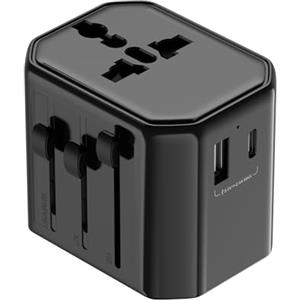 Technaxx Adattatore da Viaggio TX-358 - Adattatore Universale per USA, UK, Australia & UE, con USB-A e USB-C (12W), 100-250V/10A, fino a 2500W, compatto e leggero, interruttore di sicurezza