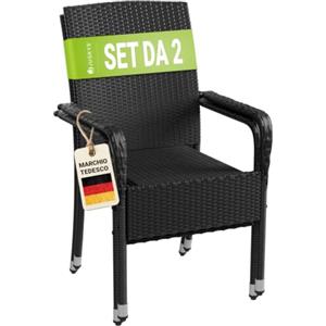 Juskys Sedie da giardino in polyrattan Yoro set da 2 con braccioli e schienale - 2 sedie impilabili - sedia in rattan per giardino - sedia impilabile nera