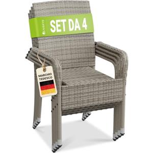 Juskys Sedie da giardino in polyrattan Yoro set da 4 con braccioli e schienale - 4 sedie impilabili - sedia in rattan per giardino - sedia impilabile grigio melange