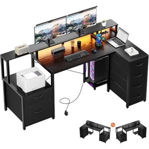 YOUDENOVA Scrivania a Forma di L con Cassetti, 150x80cm Tavolo Angolare con LED, Presa e USB, Tavolo Gaming Reversibile con Supporto per Monitor, Spazio di Archiviazione, Scrivania per Homeoffice e