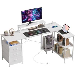 HOMCOM Scrivania Angolare Reversibile per Computer ad L 170x100cm Bianco | Prese di Corrente, Cassetti in Tessuto, Supporto Monitor e Mensole, Tavolo per PC, Ufficio e Studio