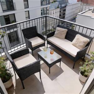 Juskys Salottino in polyrattan Fort Myers 4 Persone con divano a 2 posti, 2 sedie, tavolo e cuscini per seduta resistenti alle intemperie nero/crema Mobili da Balcone Set di mobili da giardino
