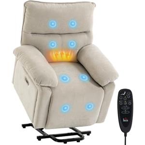 HOMCOM Poltrona Elettrica Alzapersona Reclinabile 145° in Ciniglia, Crema | Poltrona Relax, Massaggiante Vibrante 8 Punti, Riscaldante, Imbottita, per Anziani, Porte USB, Telecomando, Poggiapiedi