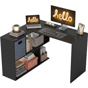 HOMCOM Scrivania Angolare per Computer, 110x100 cm con Scaffale Nero | Scrivania ad L, con Cassetto in Tessuto, Tavolo per PC, per Camera da Letto, Ufficio Studio