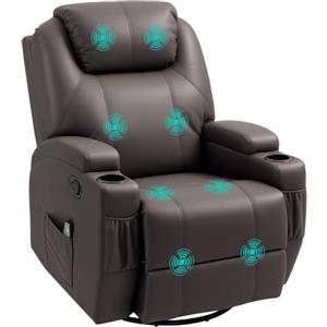 HOMCOM Poltrona Massaggiante Reclinabile 165° Manuale Marrone | Poltrona Relax Girevole, Funzione Dondolo, 2 Portabicchieri, Telecomando, Poggiapiedi, 4 Tasche Laterali, Pelle PU