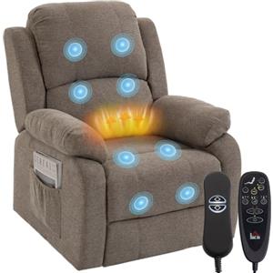 HOMCOM Poltrona Elettrica Alzapersona Reclinabile 150° Riscaldata Marrone | Seduta Ampia, Poltrona Relax Imbottita Massaggiante 8 Punti, in Lino per Anziani, USB, 2 Telecomandi, Poggiapiedi, Tasche