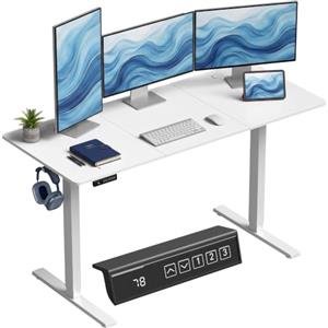 HOMCOM Scrivania Regolabile in Altezza Elettrica, 140x60 cm, Bianco | Scrivania per Computer, 3 Memorie di Altezze, Display LED, Passacavi e Ganci, Tavolo PC per Ufficio Studio Camera da Letto