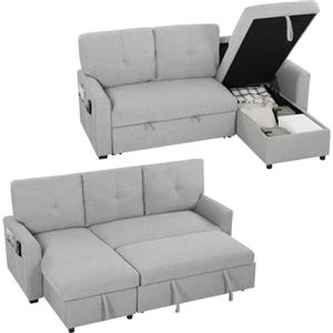 HOMCOM Divano Letto 3 Posti Estraibile con Chaise Longue Convertibile | Divano Angolare con Vano Portaoggetti, 3 Cuscini Sfoderabili, Tessuto Effetto Lino, 201x132x88cm, Tasche, Soggiorno, Grigio